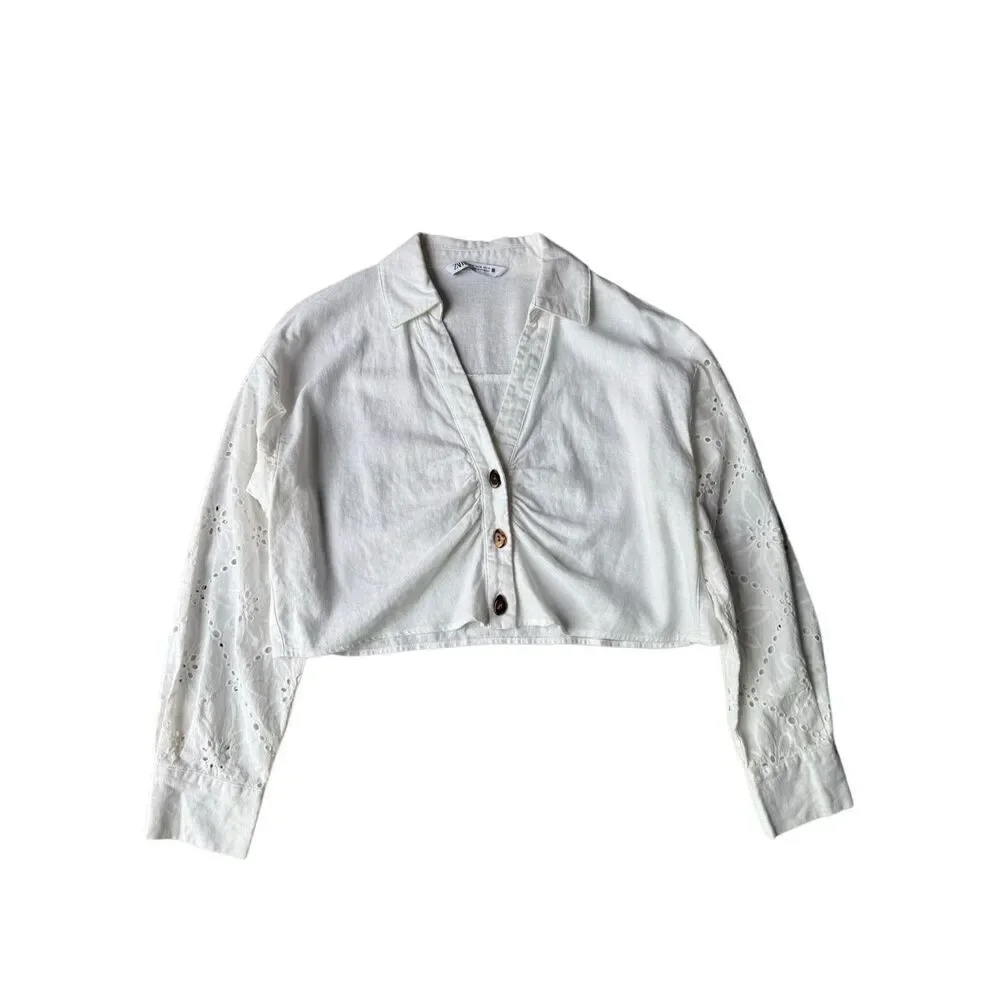 ZARA White Linen Blend Eyelet Long Sleeve Crop Top Size M
